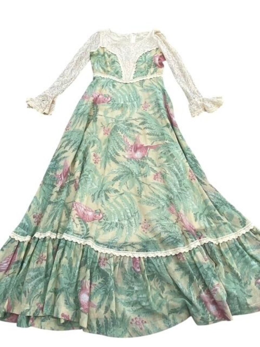 Vtg. Gunne Sax By Jessica Black Label Sage Tropical Bird Lace Bell Sleeves Maxi